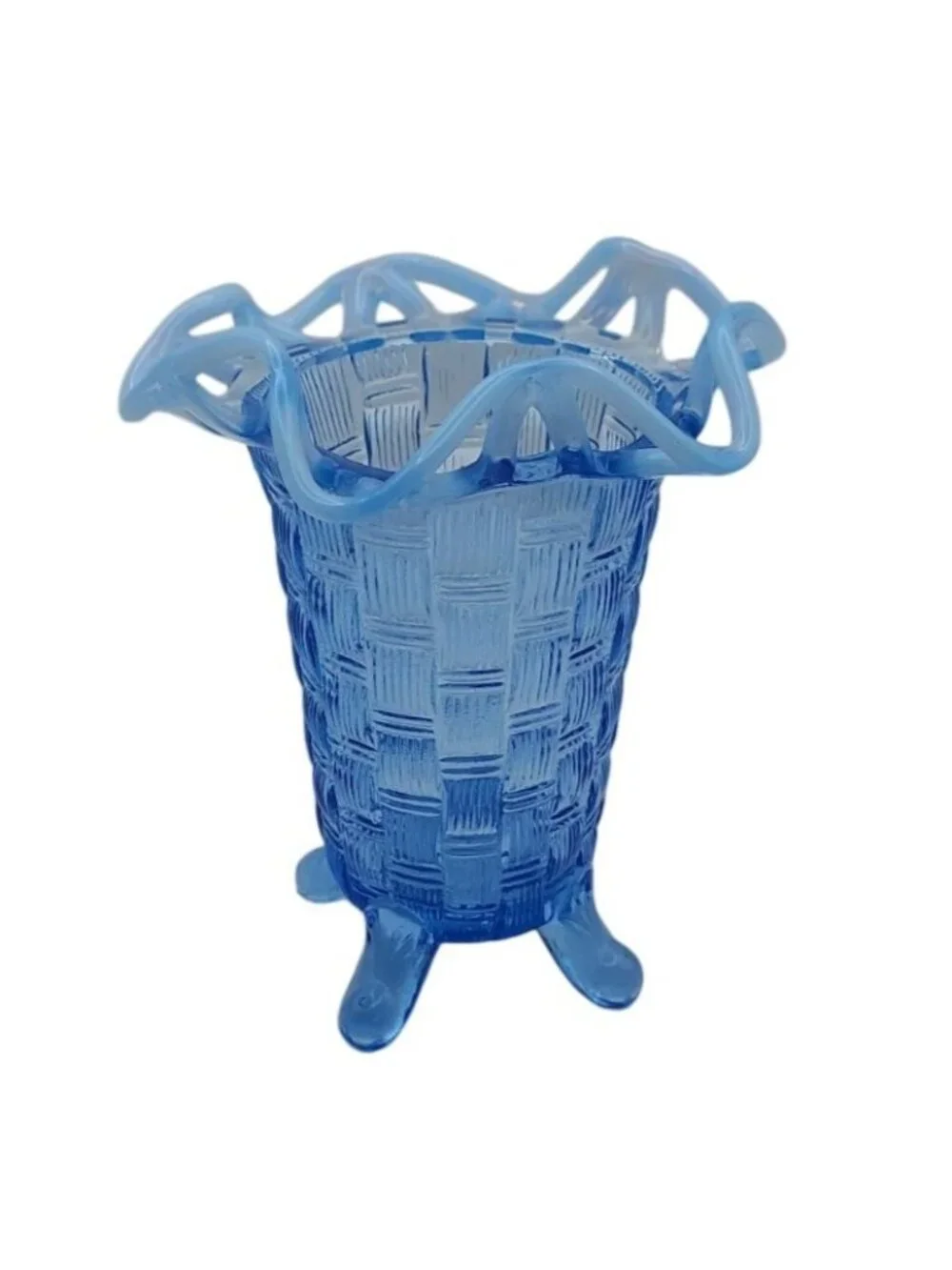 Fenton Glass Blue Opalescent Basket Weave 4 Toed Bud Vase Lace Ruffle Vintage